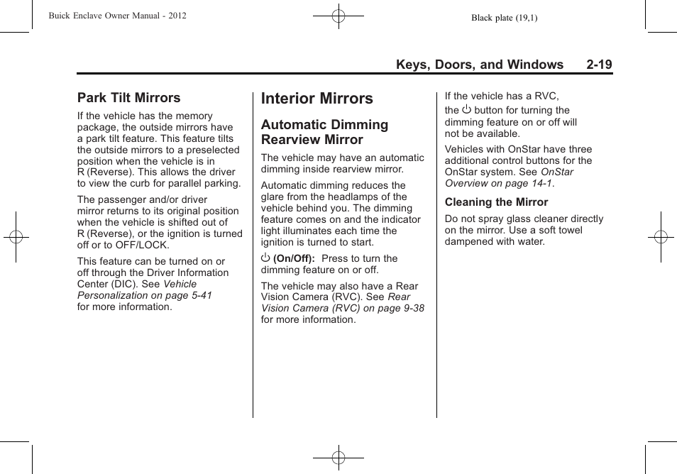 Park tilt mirrors, Interior mirrors, Automatic dimming rearview mirror | Interior mirrors -19, Park tilt mirrors -19, Dimming rearview, Mirror -19 | Buick 2012 Enclave User Manual | Page 49 / 474