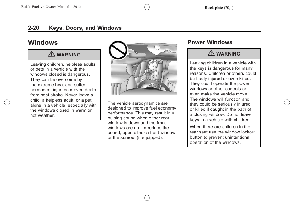 Windows, Power windows, Windows -20 | Windows -20 power windows -20 | Buick 2012 Enclave User Manual | Page 50 / 474