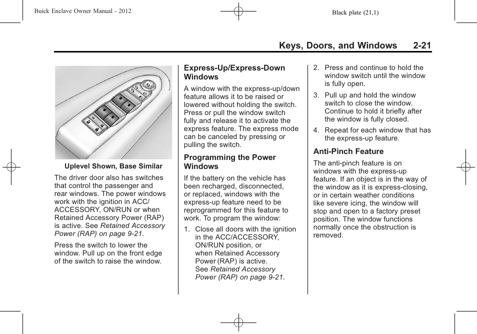 Keys, doors, and windows 2-21 | Buick 2012 Enclave User Manual | Page 51 / 474