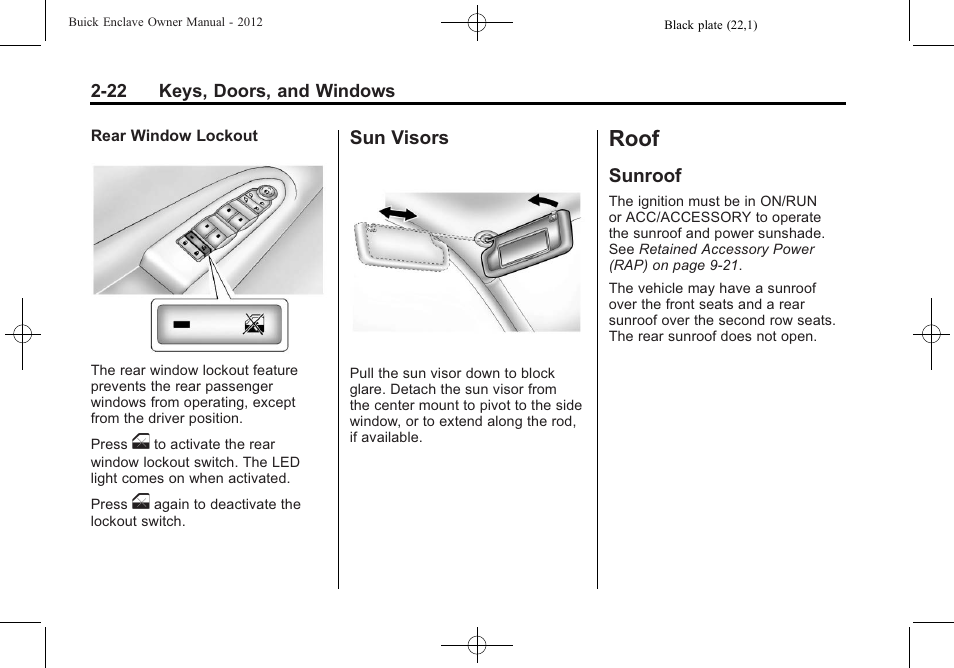 Sun visors, Roof, Sunroof | Roof -22, Sun visors -22, Sunroof -22 | Buick 2012 Enclave User Manual | Page 52 / 474
