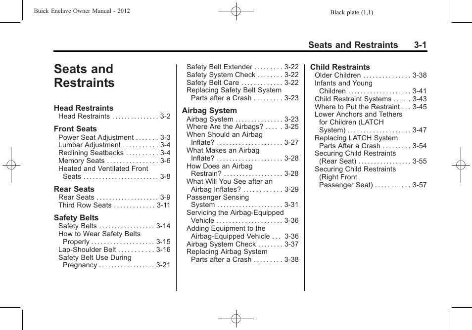 Seats and restraints, Seats and restraints -1, Seats and restraints 3-1 | Buick 2012 Enclave User Manual | Page 55 / 474