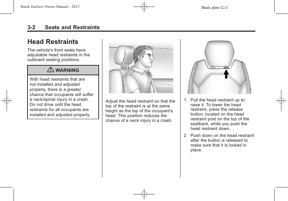 Head restraints, Head restraints -2 | Buick 2012 Enclave User Manual | Page 56 / 474