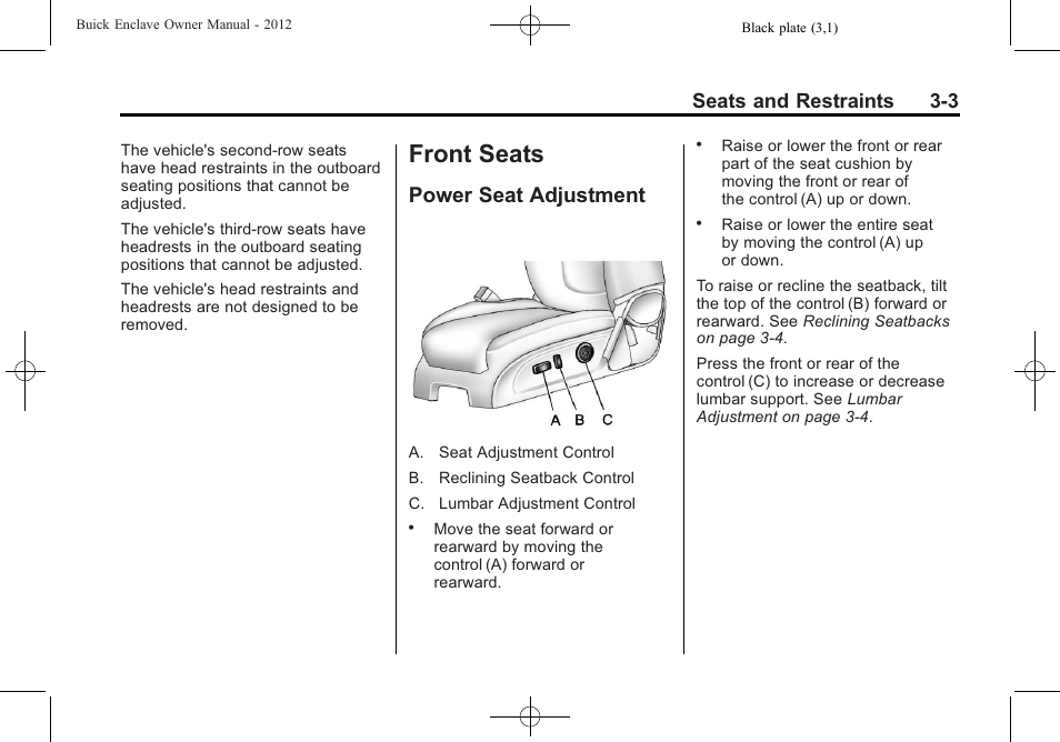Front seats, Power seat adjustment, Front seats -3 | Power seat adjustment -3, Seats and restraints 3-3 | Buick 2012 Enclave User Manual | Page 57 / 474