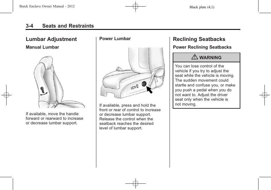 Lumbar adjustment, Reclining seatbacks, Lumbar adjustment -4 reclining seatbacks -4 | Buick 2012 Enclave User Manual | Page 58 / 474