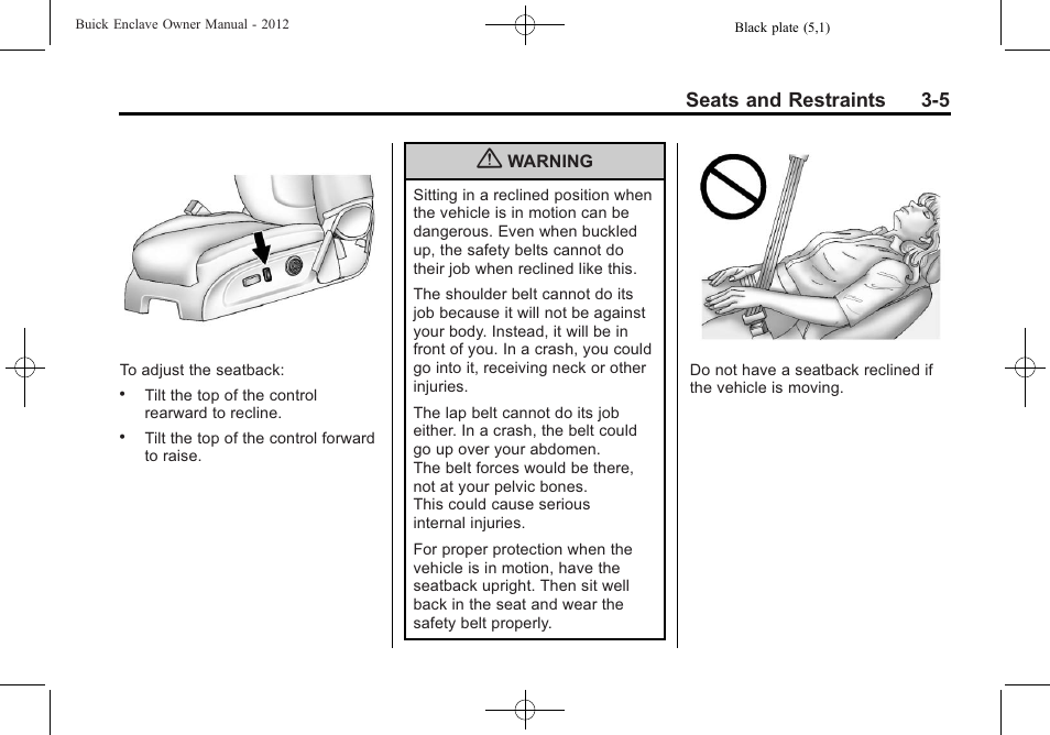 Seats and restraints 3-5 | Buick 2012 Enclave User Manual | Page 59 / 474