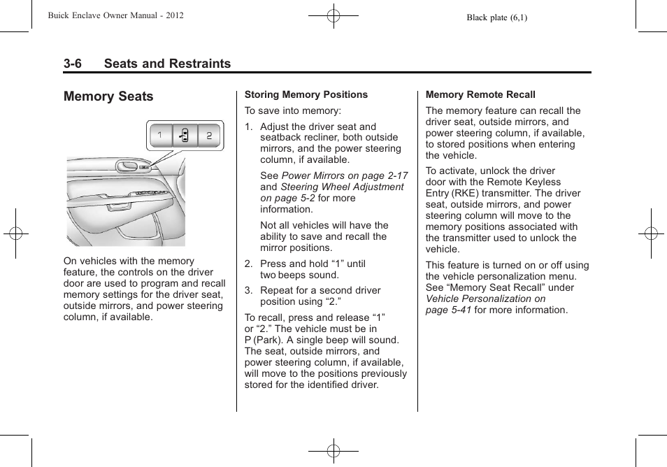 Memory seats, Memory seats -6, 6 seats and restraints | Buick 2012 Enclave User Manual | Page 60 / 474