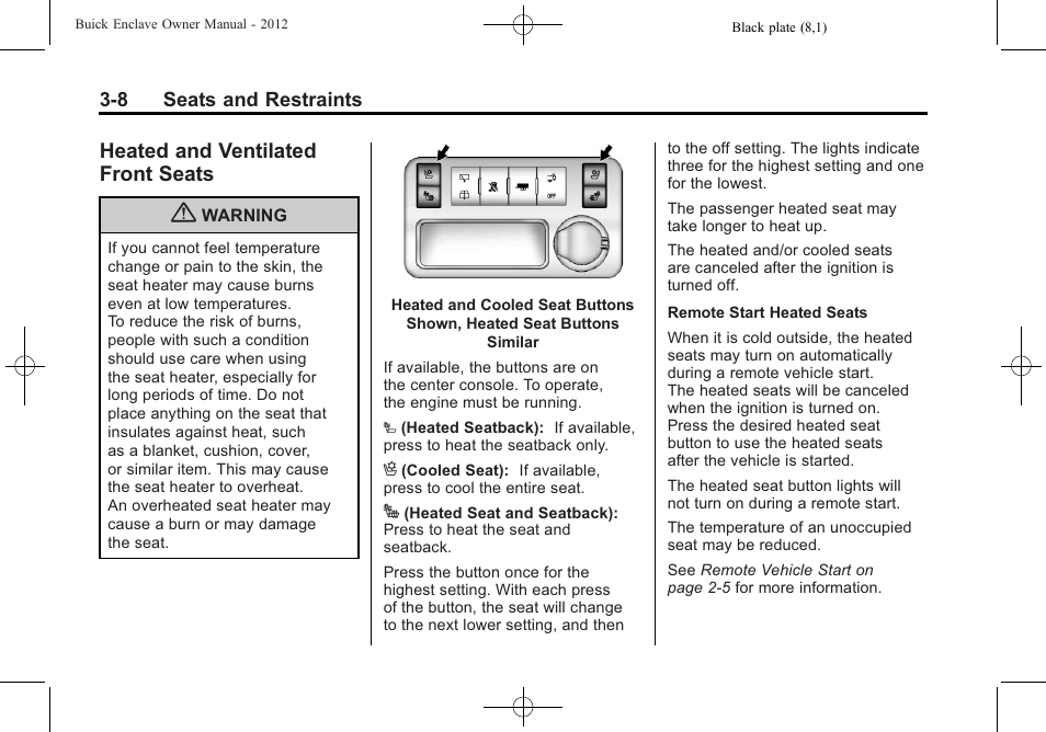 Heated and ventilated front seats, Heated and ventilated, Heated and ventilated front | Seats -8 | Buick 2012 Enclave User Manual | Page 62 / 474