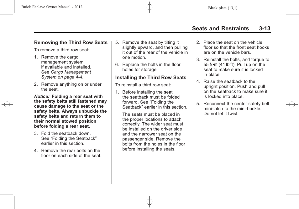 Seats and restraints 3-13 | Buick 2012 Enclave User Manual | Page 67 / 474