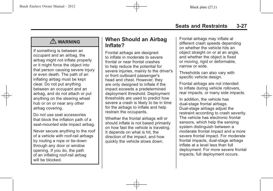 When should an airbag inflate, When should an airbag, Inflate? -27 | Buick 2012 Enclave User Manual | Page 81 / 474