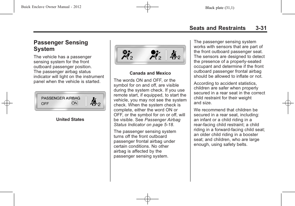 Passenger sensing system, Sensing | Buick 2012 Enclave User Manual | Page 85 / 474