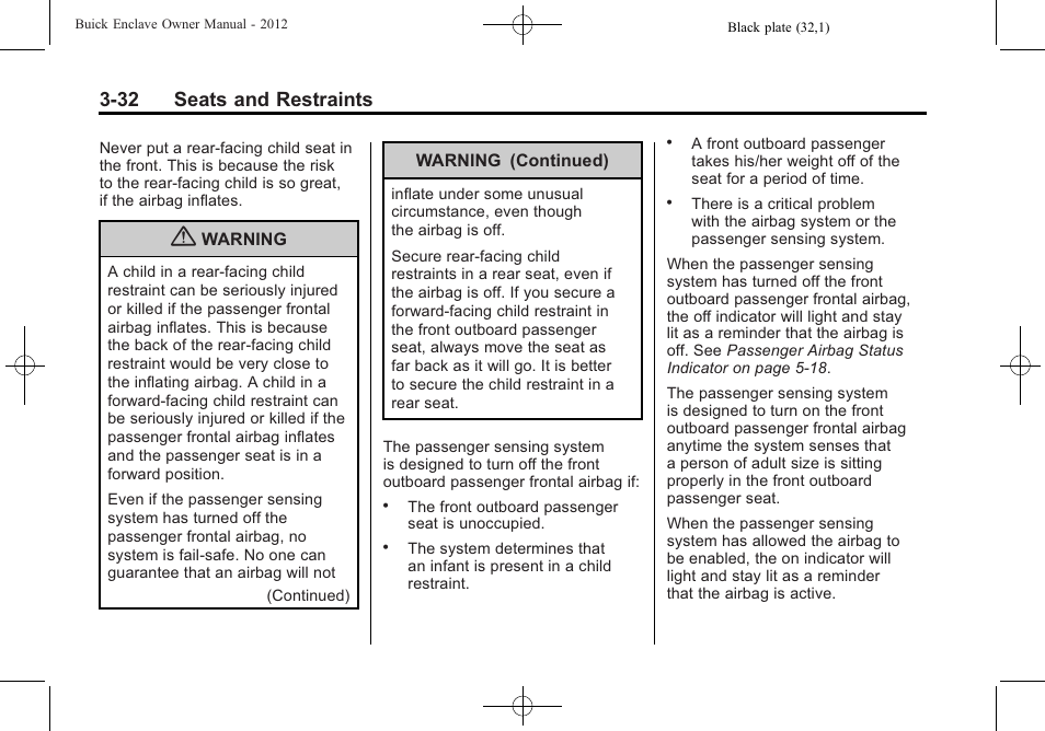 32 seats and restraints | Buick 2012 Enclave User Manual | Page 86 / 474