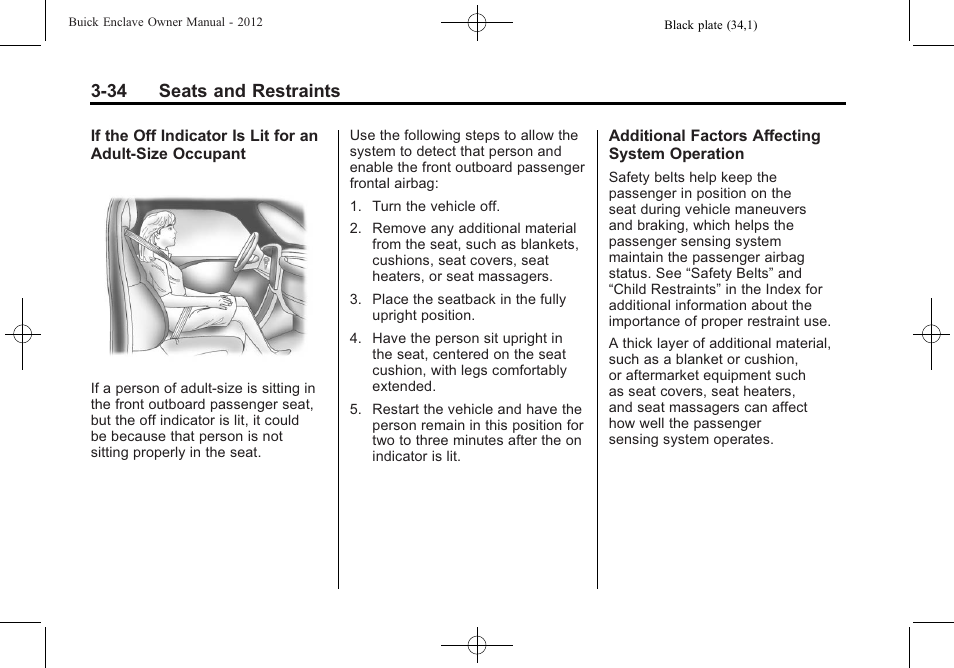 34 seats and restraints | Buick 2012 Enclave User Manual | Page 88 / 474