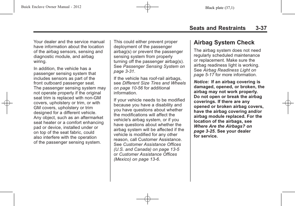 Airbag system check, Airbag system check -37 | Buick 2012 Enclave User Manual | Page 91 / 474