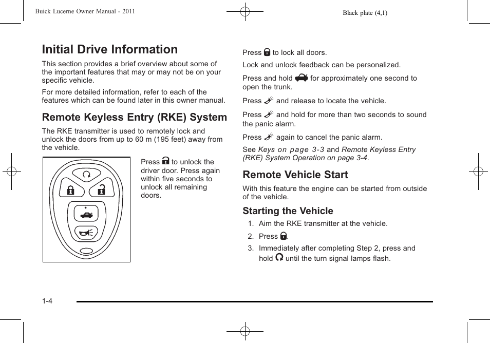 Initial drive information, Remote keyless entry (rke) system, Remote vehicle start | Initial drive information -4, Mirrors -31, Starting the vehicle | Buick 2011 Lucerne User Manual | Page 10 / 450