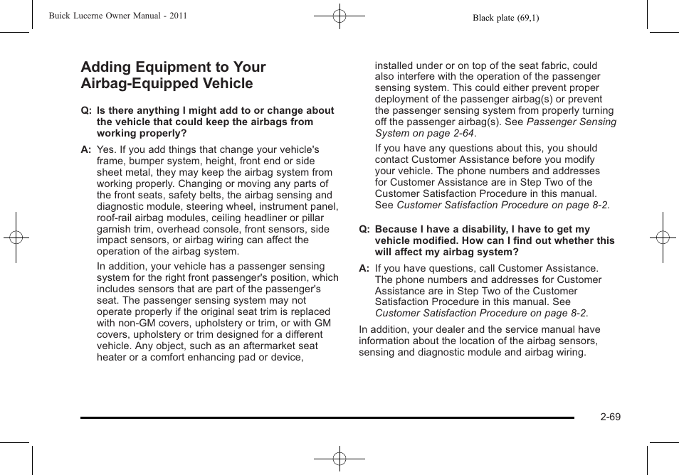 Adding equipment to your airbag-equipped vehicle, Adding equipment to your airbag-equipped, Vehicle -69 | Buick 2011 Lucerne User Manual | Page 101 / 450