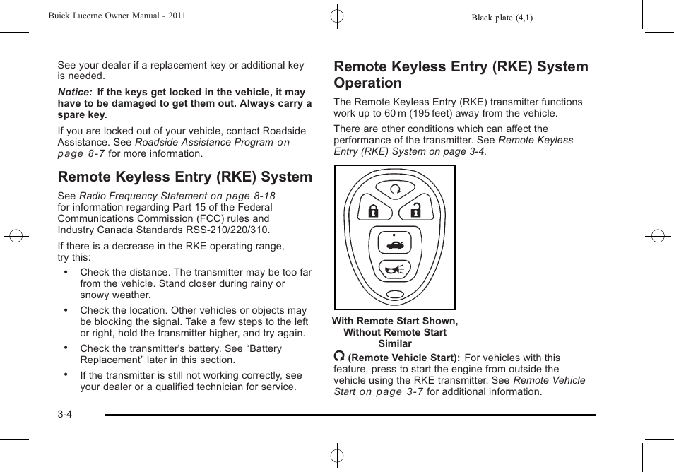 Remote keyless entry (rke) system, Remote keyless entry (rke) system operation, Operation -4 | Buick 2011 Lucerne User Manual | Page 108 / 450