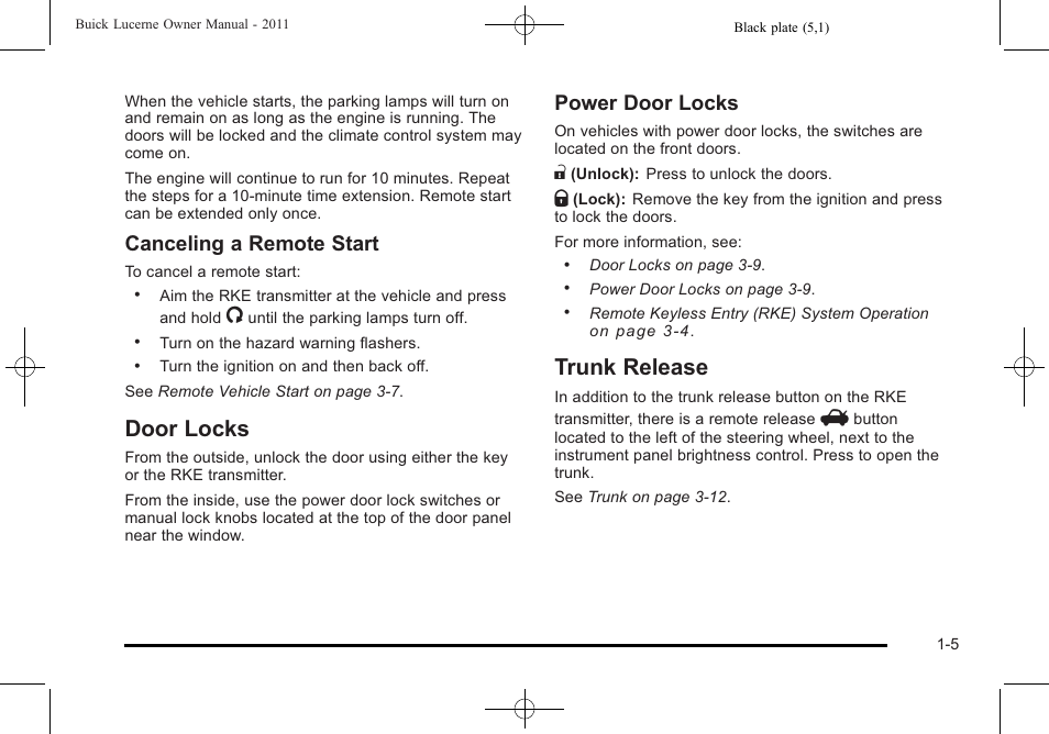 Door locks, Trunk release, Door locks -5 trunk release -5 | Canceling a remote start, Power door locks | Buick 2011 Lucerne User Manual | Page 11 / 450
