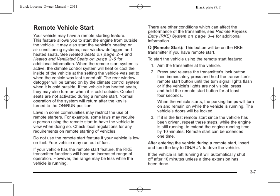 Remote vehicle start, Remote vehicle start -7 | Buick 2011 Lucerne User Manual | Page 111 / 450