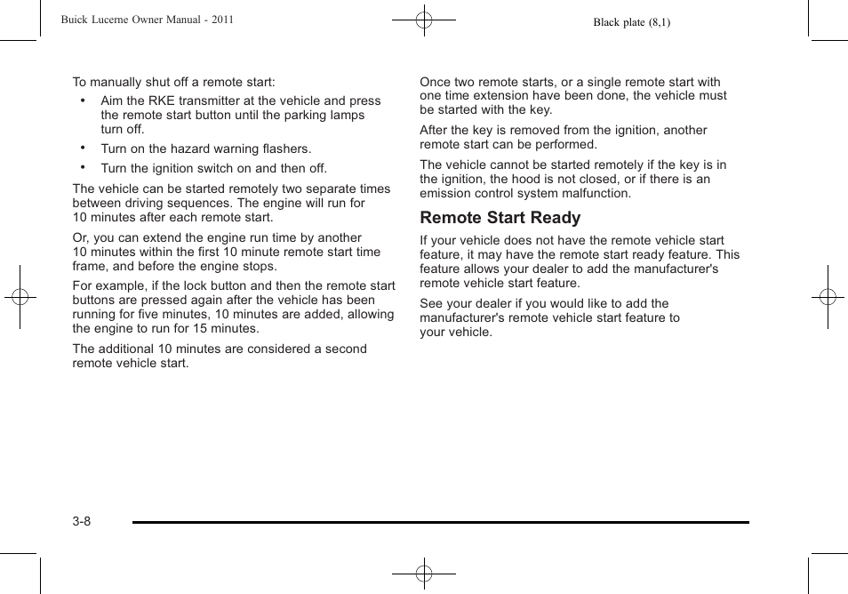 Remote start ready | Buick 2011 Lucerne User Manual | Page 112 / 450