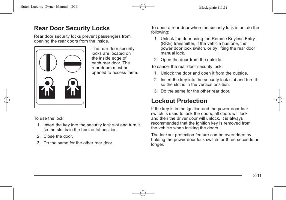 Rear door security locks, Lockout protection | Buick 2011 Lucerne User Manual | Page 115 / 450