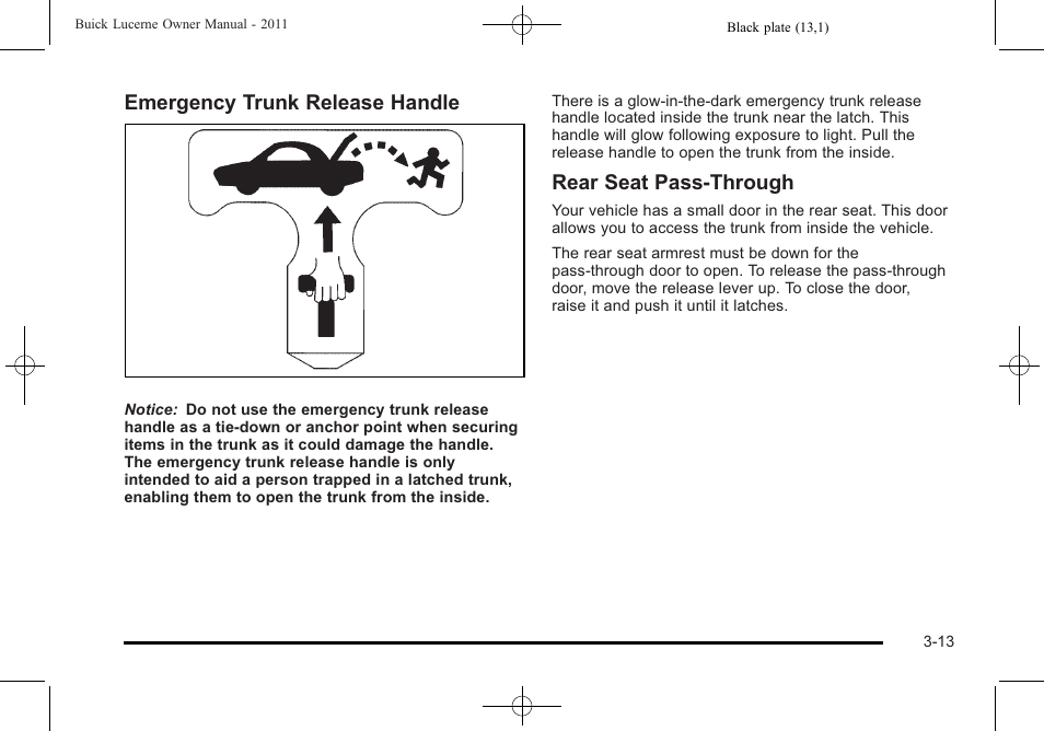 Emergency trunk release handle, Rear seat pass‐through | Buick 2011 Lucerne User Manual | Page 117 / 450
