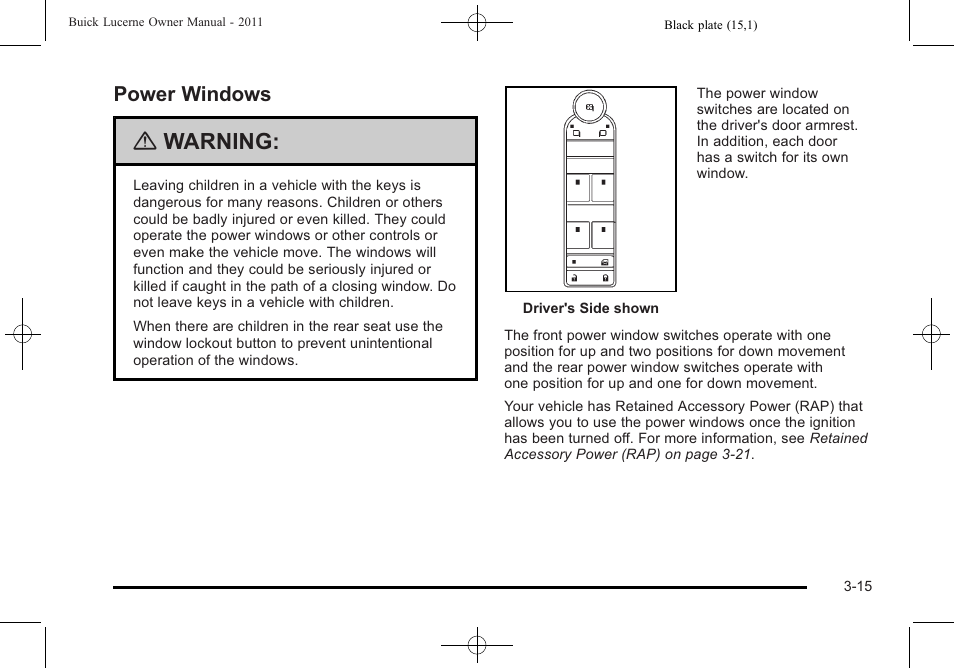 Power windows, Power windows -15, Warning | Buick 2011 Lucerne User Manual | Page 119 / 450