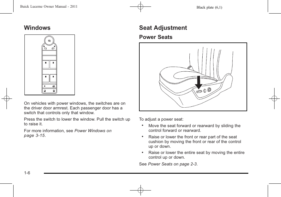 Windows, Seat adjustment, Windows -6 seat adjustment -6 | Navigation, Power seats | Buick 2011 Lucerne User Manual | Page 12 / 450