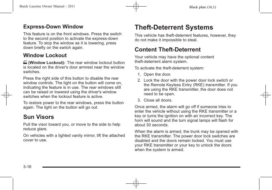 Sun visors, Theft-deterrent systems, Content theft-deterrent | Theft-deterrent systems -16, Sun visors -16, Content theft-deterrent -16, Park, Express-down window, Window lockout | Buick 2011 Lucerne User Manual | Page 120 / 450