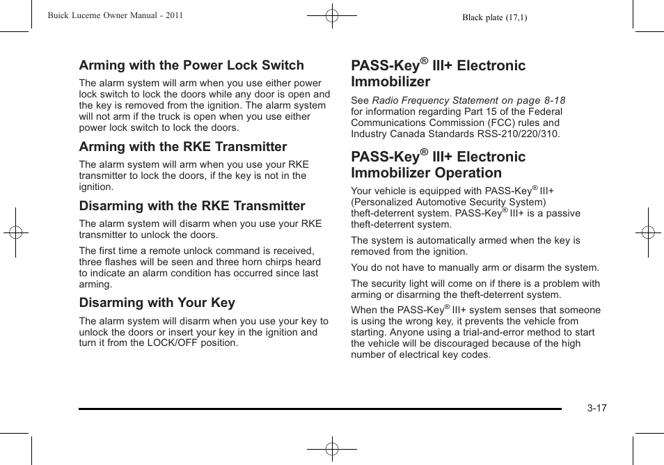 Pass-key® iii+ electronic immobilizer, Pass-key® iii+ electronic immobilizer operation, Pass-key | Iii+ electronic immobilizer -17, Iii+ electronic immobilizer, Operation -17, Iii+ electronic immobilizer operation, Arming with the power lock switch, Arming with the rke transmitter, Disarming with the rke transmitter | Buick 2011 Lucerne User Manual | Page 121 / 450