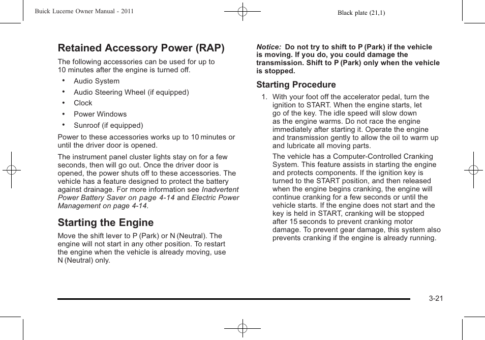 Retained accessory power (rap), Starting the engine, Starting procedure | Buick 2011 Lucerne User Manual | Page 125 / 450
