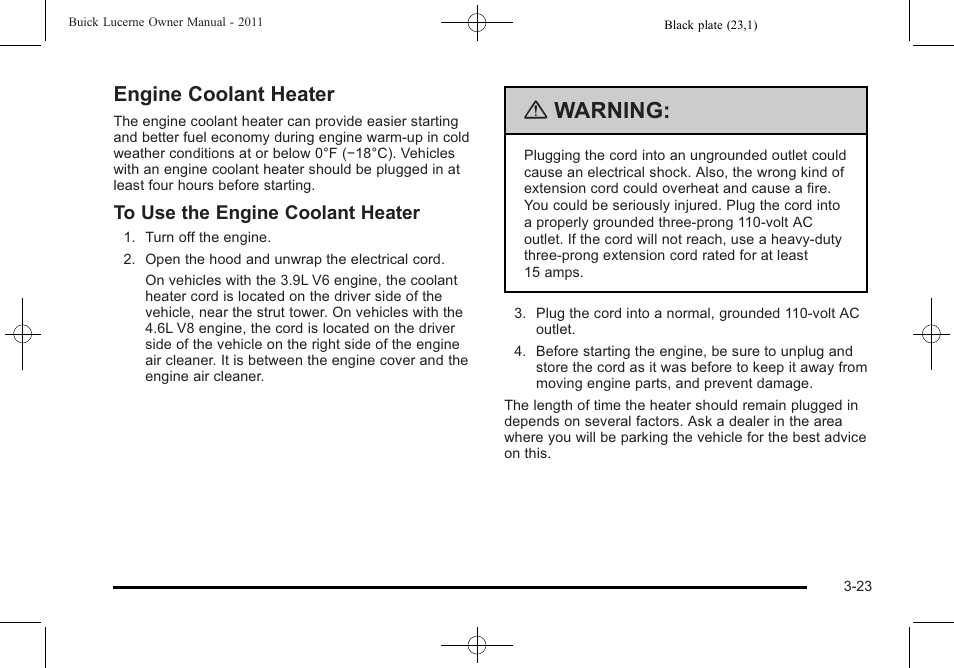 Engine coolant heater, Engine coolant heater -23, Warning | Buick 2011 Lucerne User Manual | Page 127 / 450