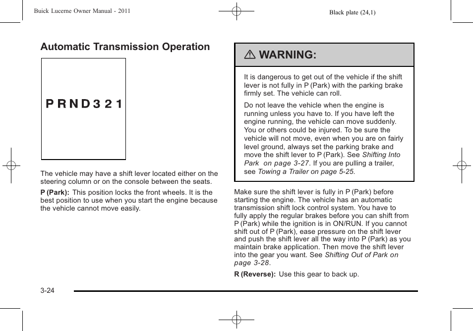 Automatic transmission operation, Automatic transmission operation -24, Warning | Buick 2011 Lucerne User Manual | Page 128 / 450