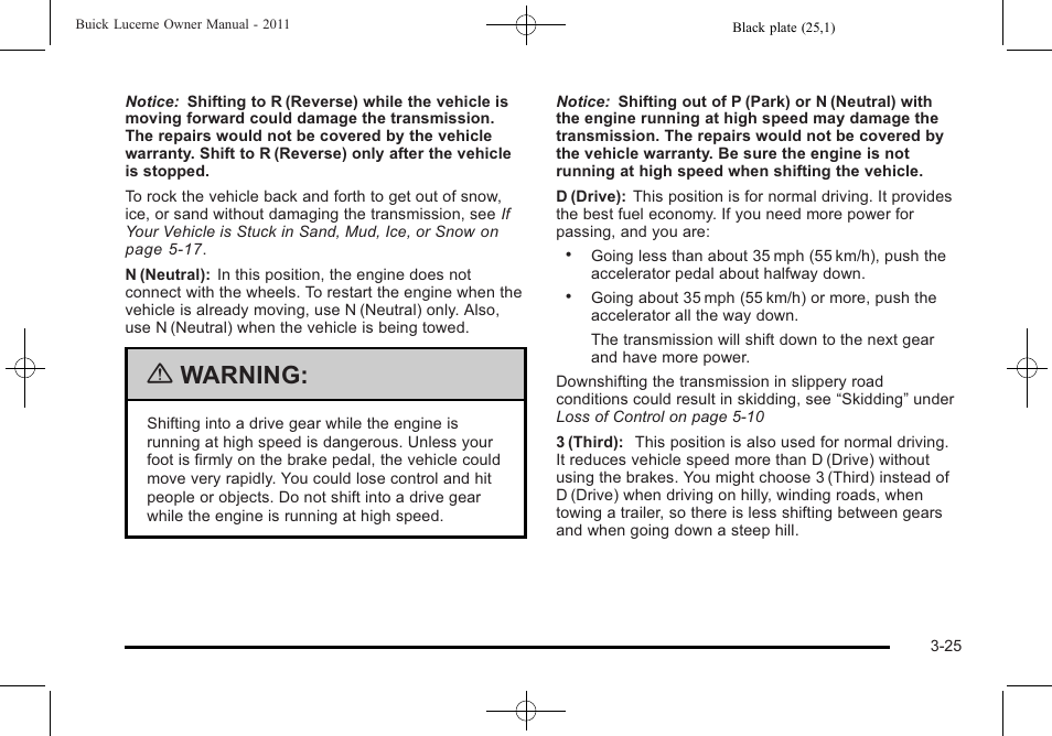 Warning | Buick 2011 Lucerne User Manual | Page 129 / 450