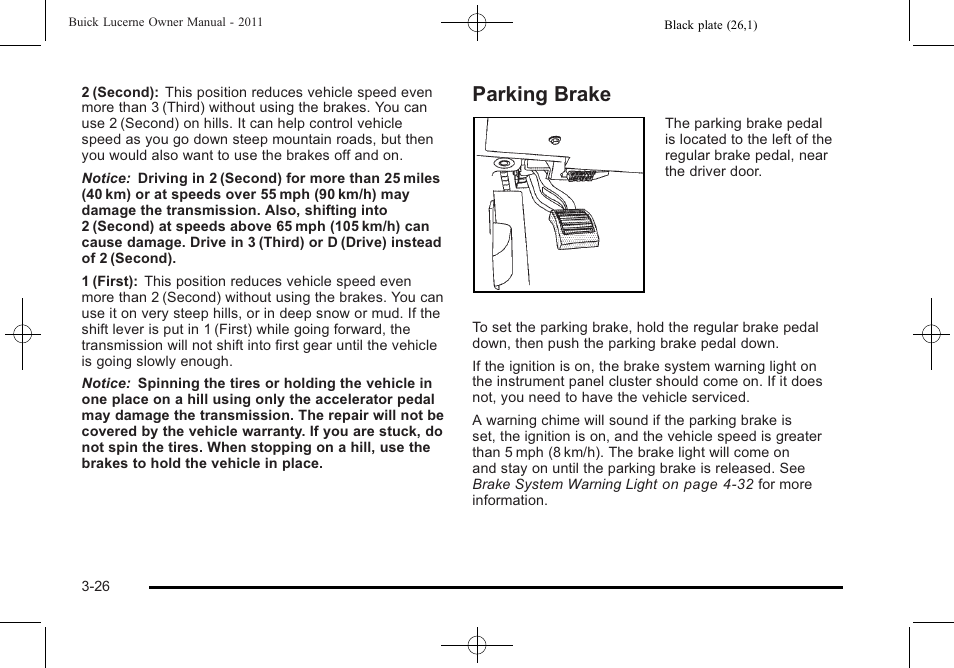 Parking brake, Parking brake -26 | Buick 2011 Lucerne User Manual | Page 130 / 450