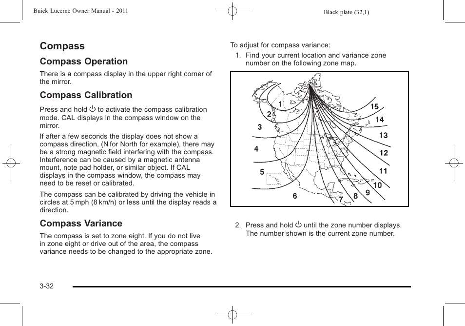Compass, Compass -32, Compass operation | Compass calibration, Compass variance | Buick 2011 Lucerne User Manual | Page 136 / 450