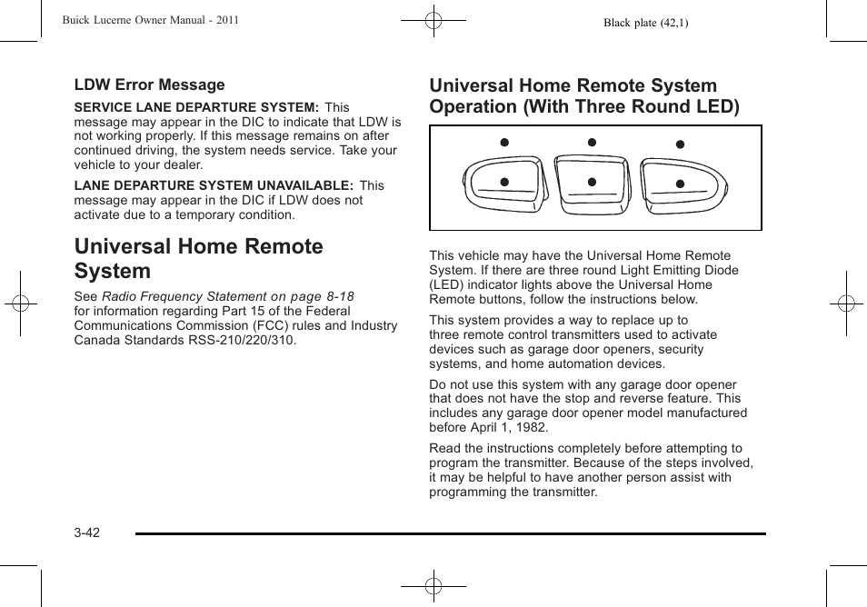Universal home remote system, System -42, Universal home remote system -42 | Universal home remote system operation, With three round led) -42, Floor | Buick 2011 Lucerne User Manual | Page 146 / 450