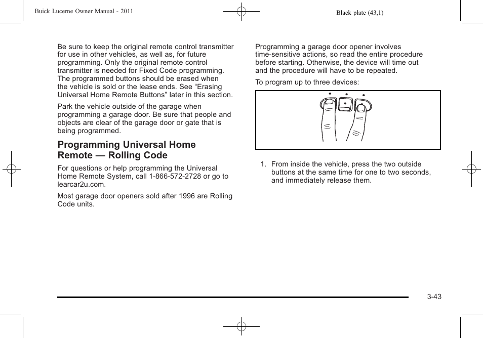 Programming universal home remote — rolling code | Buick 2011 Lucerne User Manual | Page 147 / 450