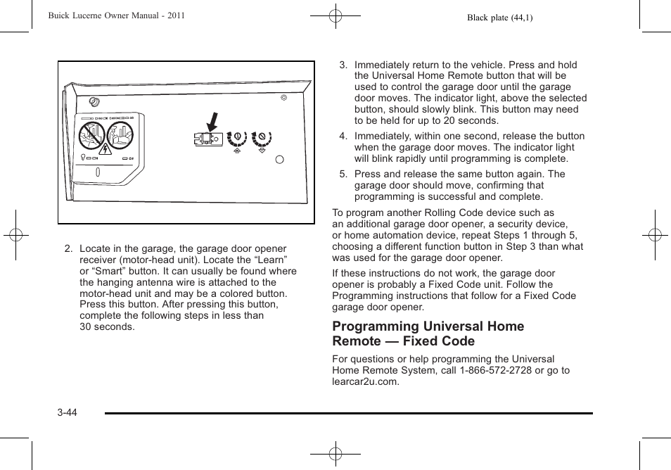 Programming universal home remote — fixed code | Buick 2011 Lucerne User Manual | Page 148 / 450