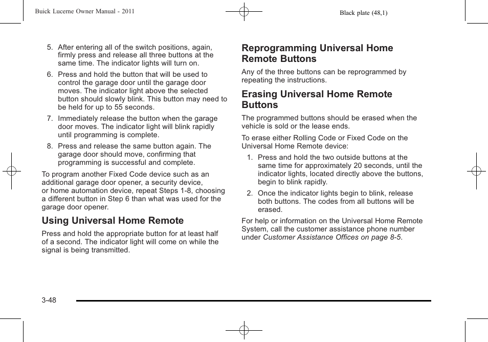 Using universal home remote, Reprogramming universal home remote buttons, Erasing universal home remote buttons | Buick 2011 Lucerne User Manual | Page 152 / 450