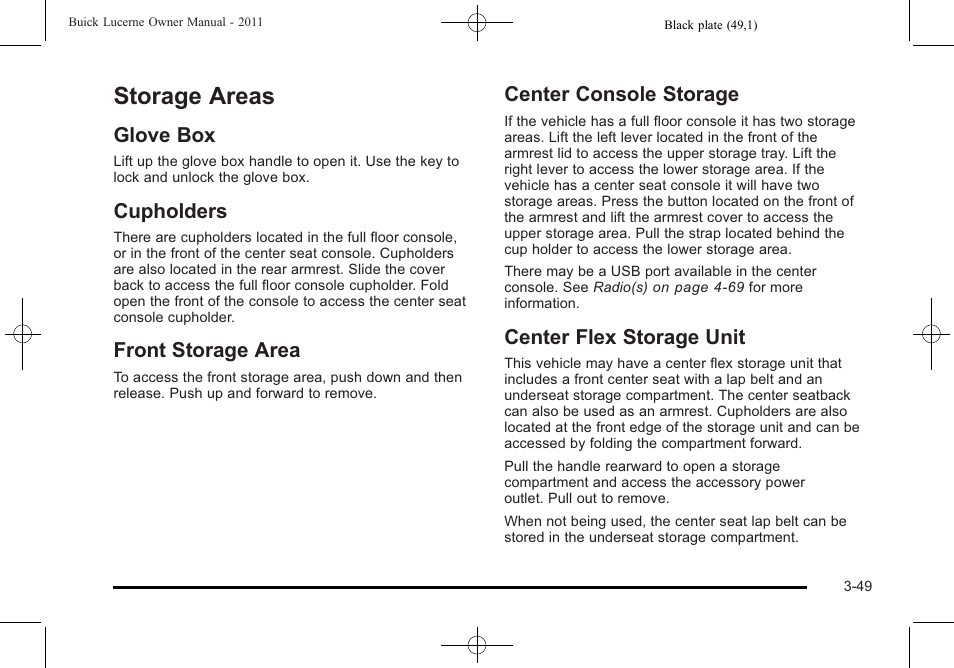 Storage areas, Glove box, Cupholders | Front storage area, Center console storage, Center flex storage unit, Storage areas -49 | Buick 2011 Lucerne User Manual | Page 153 / 450