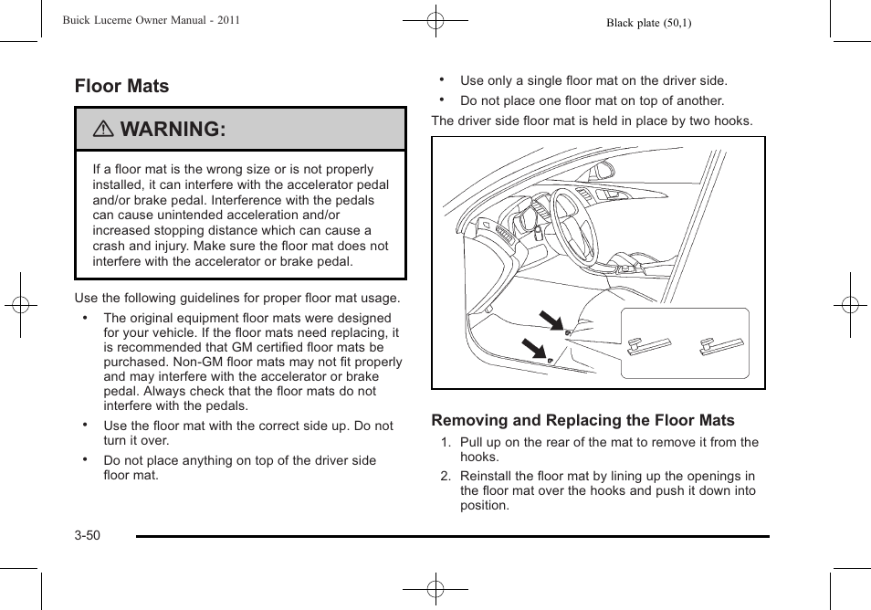 Floor mats, Mats -50, Warning | Buick 2011 Lucerne User Manual | Page 154 / 450