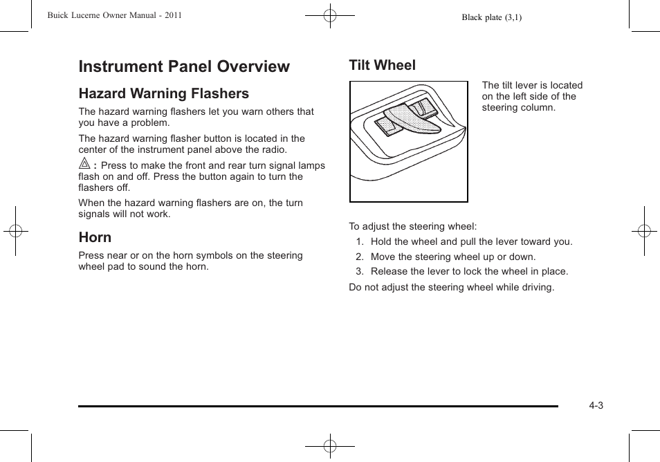 Instrument panel overview, Hazard warning flashers, Horn | Tilt wheel, Instrument panel overview -3, Hazard warning flashers -3 horn -3 tilt wheel -3 | Buick 2011 Lucerne User Manual | Page 159 / 450