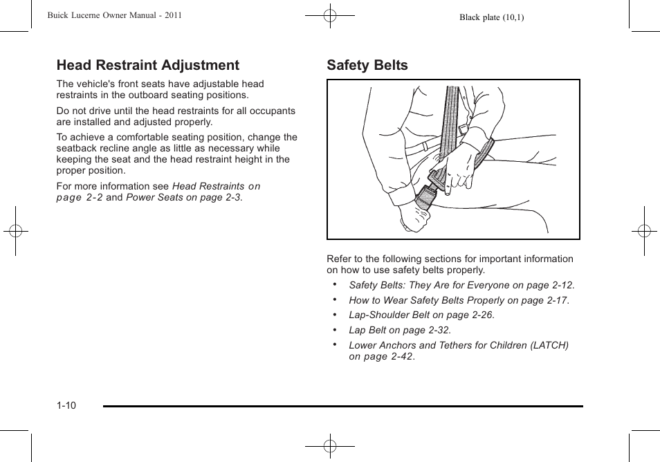 Head restraint adjustment, Safety belts, Head restraint adjustment -10 safety belts -10 | Buick 2011 Lucerne User Manual | Page 16 / 450