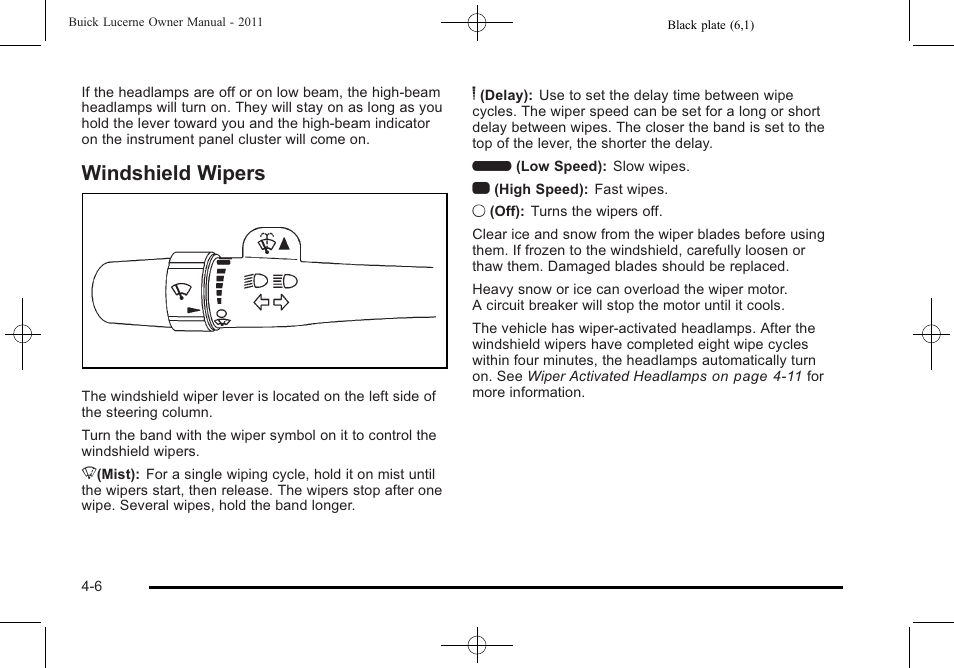 Windshield wipers, Windshield wipers -6 | Buick 2011 Lucerne User Manual | Page 162 / 450