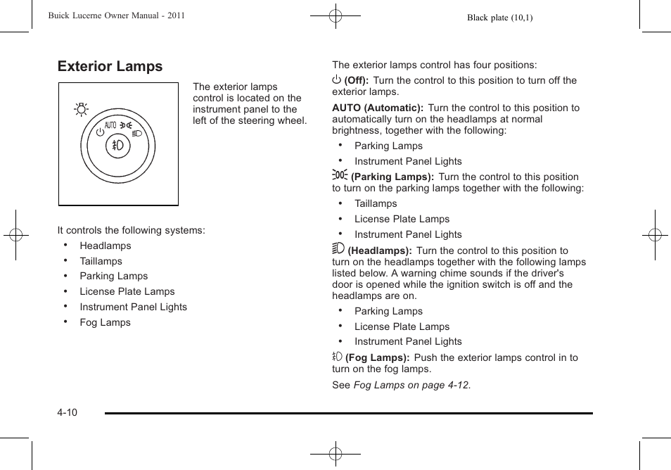 Exterior lamps, Exterior lamps -10 | Buick 2011 Lucerne User Manual | Page 166 / 450