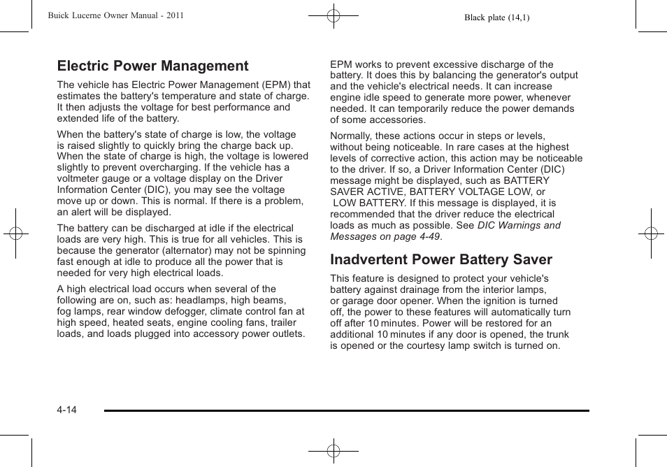 Electric power management, Inadvertent power battery saver | Buick 2011 Lucerne User Manual | Page 170 / 450