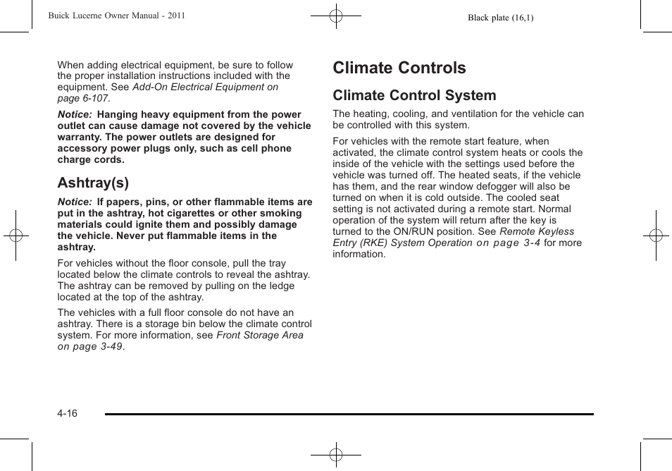 Ashtray(s), Climate controls, Climate control system | Ashtray(s) -16, Climate controls -16, Climate control system -16 | Buick 2011 Lucerne User Manual | Page 172 / 450