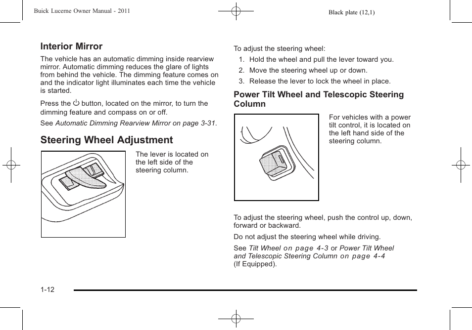 Steering wheel adjustment, Steering wheel adjustment -12, Interior mirror | Buick 2011 Lucerne User Manual | Page 18 / 450