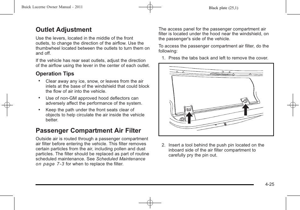 Outlet adjustment, Passenger compartment air filter | Buick 2011 Lucerne User Manual | Page 181 / 450