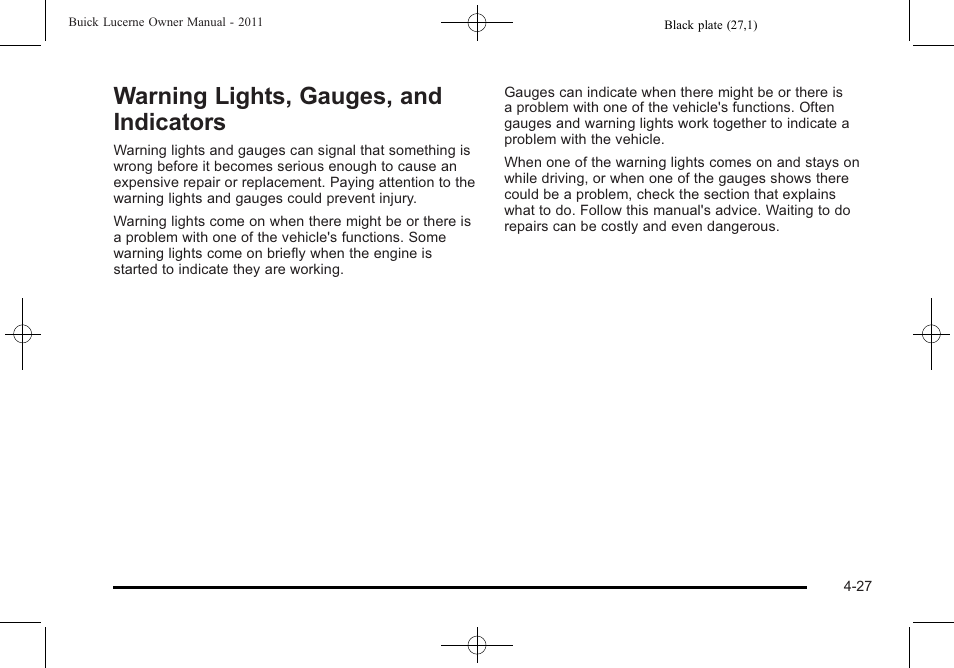 Warning lights, gauges, and indicators, And indicators -27, Warning lights, gauges, and indicators -27 | Buick 2011 Lucerne User Manual | Page 183 / 450